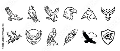Various hand-drawn eagle illustrations showcase majestic birds in flight, perched, and as symbolic elements like a feather, mountain, and shield, rendered with a bold, sketchy line art style