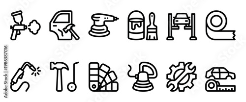Twelve black outline car repair and bodywork icons are neatly arranged, depicting tools and processes like spray painting, sanding, welding, dent removal, and car servicing in a clean, graphic style