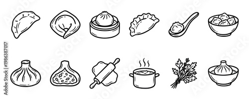 Various hand-drawn dumpling and cooking icons are depicted in a simple black and white sketch style, showcasing different types of traditional filled pasta and preparation elements