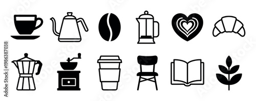 Comprehensive array of black and white coffee and cafe icons is neatly arranged, featuring various brewing tools, beverages, and related items in a clean, minimalist style