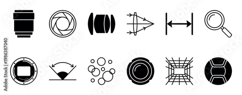 Twelve black and white photography and optics icons are neatly arranged in a grid, featuring various camera components, lens elements, and visual concepts in a clean, minimalist vector style