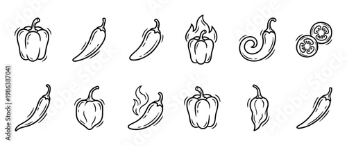 Twelve hand-drawn black and white pepper illustrations showcase a variety of bell peppers, chili peppers, and sliced peppers with some indicating spicy heat in a doodle style