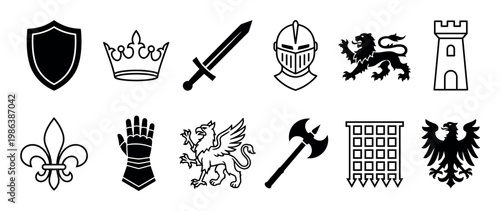 Collection of medieval heraldic symbols and icons, including a shield, crown, sword, knight helmet, lion, castle, fleur-de-lis, gauntlet, griffin, axe, portcullis, and eagle, presented a graphic style