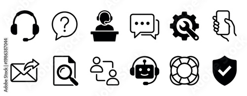 Twelve black and white line icons representing customer support and service, including headset, chat, agent, robot, and security symbols, presented in a clean, modern style