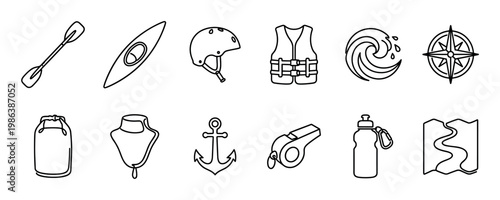This collection of black outline water sports and adventure icons features essential gear like a kayak, paddle, life vest, helmet, anchor, and map, presented in a minimalist line art style