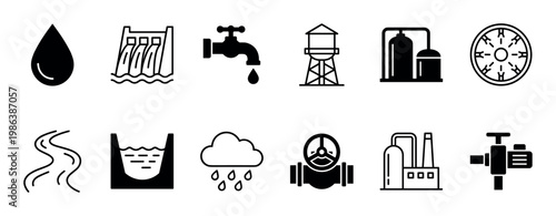 These black and white line icons illustrate various aspects of water, including its sources, distribution, and conservation, presented in a clean, minimalist graphic style