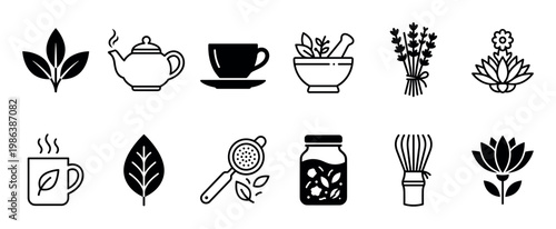 Collection of black and white tea and herb icons, featuring various elements like teapots, cups, leaves, infusers, and herbal ingredients, presented in a clean, minimalist style