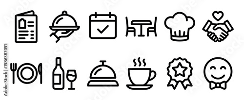 Restaurant and dining related outline icons set illustrating various aspects of hospitality, including menu, food service, reservations, dining, chef, customer care, beverages, and quality