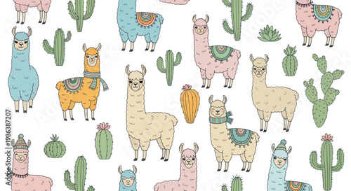 Cute Llamas and Cacti Seamless Pattern, Kawaii Animals, Pastel Colors