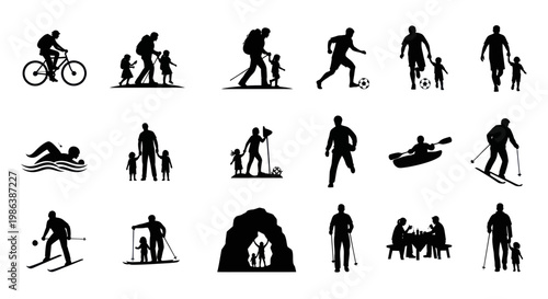 Family Outdoor Activities Silhouette Icons Set: Hiking, Cycling, Sports, Recreation
