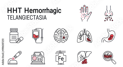 HHT Hemorrhagic Telangiectasia Medical Icons: Brain, Lungs, Liver, Nose