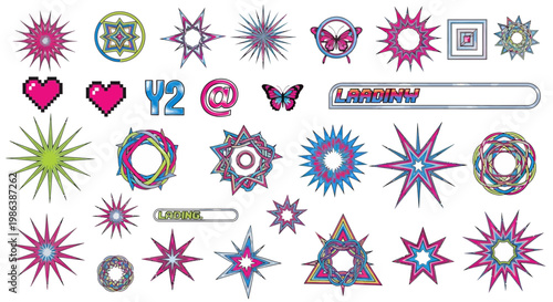 Y2K Aesthetic Sticker Set with Stars Butterflies and Retro Symbols
