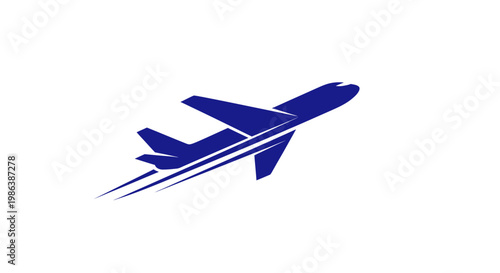 Modern Jet Airplane Flying, Blue Silhouette with Speed Lines, Isolated on White Background
