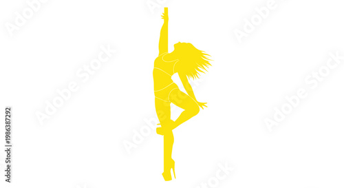 Silhouette of a woman dancing on a pole, yellow on white background.