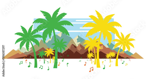 Tropical Music Paradise: Palm Trees, Mountains, and Music Notes