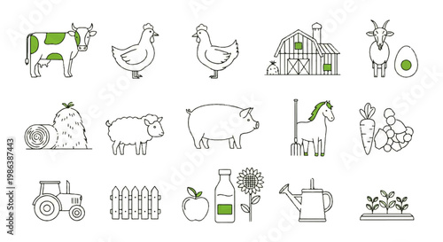 Diverse vector line icons set farm animals, agriculture tools, crops, and rural elements. Ideal for food production and farming-themed projects