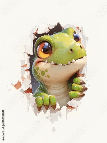 Little green dinosaur baby peeking through a cracked wall. Cute reptile hatchling with big eyes curious about the world. Funny animal portrait for children book and nursery design.