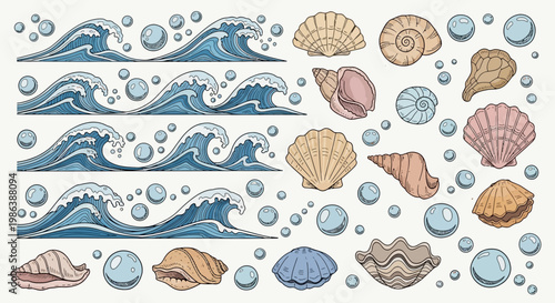 Ocean Waves and Seashells Set with Bubbles