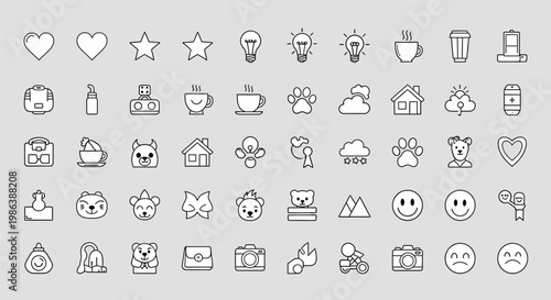 A collection of various icons and symbols depicted in a simple line drawing style on a gray background.