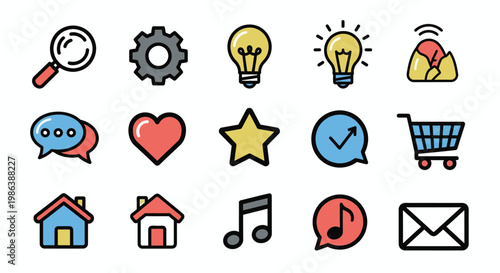 A collection of various colorful icons depicting objects and symbols on a white background