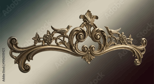 Ornate Baroque Wood Carving Pediment with Birds and Floral Motifs