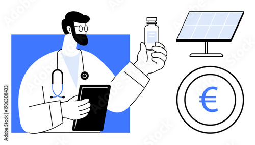 Healthcare, renewable energy, economy, technology, financial services, sustainability. A doctor with medicine, digital tablet solar panel and currency symbol. Healthcare and renewable energy
