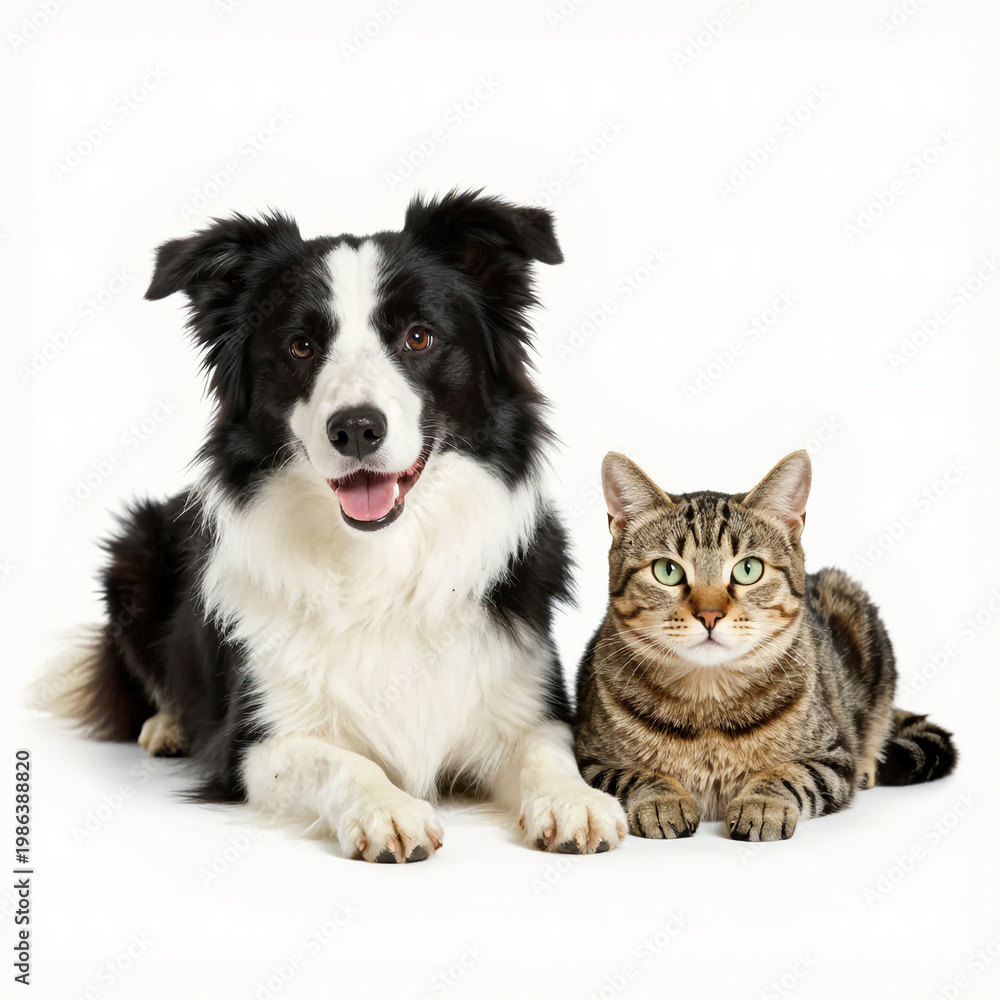 Fototapeta premium A dog and a cat are sitting side by side on a white background. The dog appears happy, while the cat looks calm and relaxed. They are enjoying each other's company Generative AI