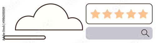 Digital feedback, cloud computing, customer reviews, rating services, user experience, online reliability. A cloud icon, five-star review and search bar. Cloud computing and customer reviews theme