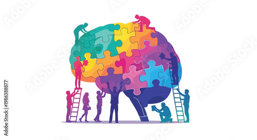 People working together to assemble a large colorful puzzle representing teamwork and collaboration
