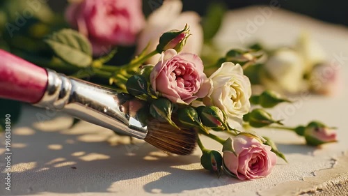 An Elegant Arrangement of Pink and Cream Roses with Green Foliage Beside a Paintbrush on a Sunlit Tabletop