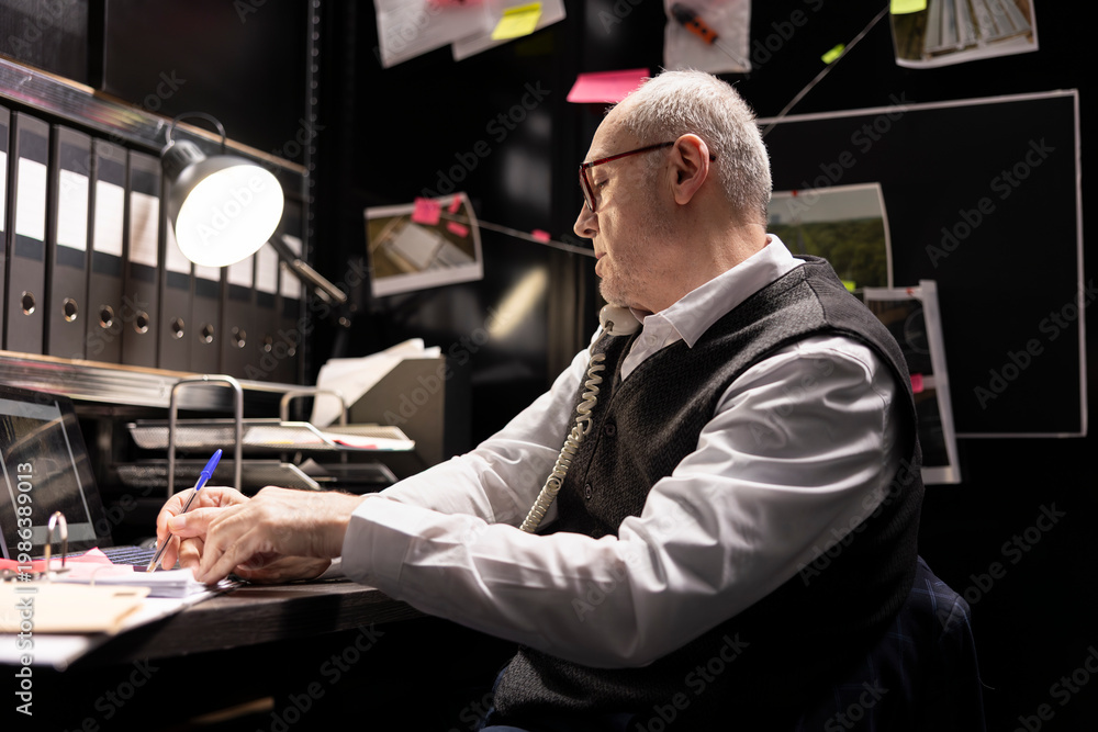 Fototapeta premium Older male detective speaking on a landline phone for secret mission, cross checking case files and analyzing fingerprints on a mystery board. Authenticity of evidence for law enforcement.