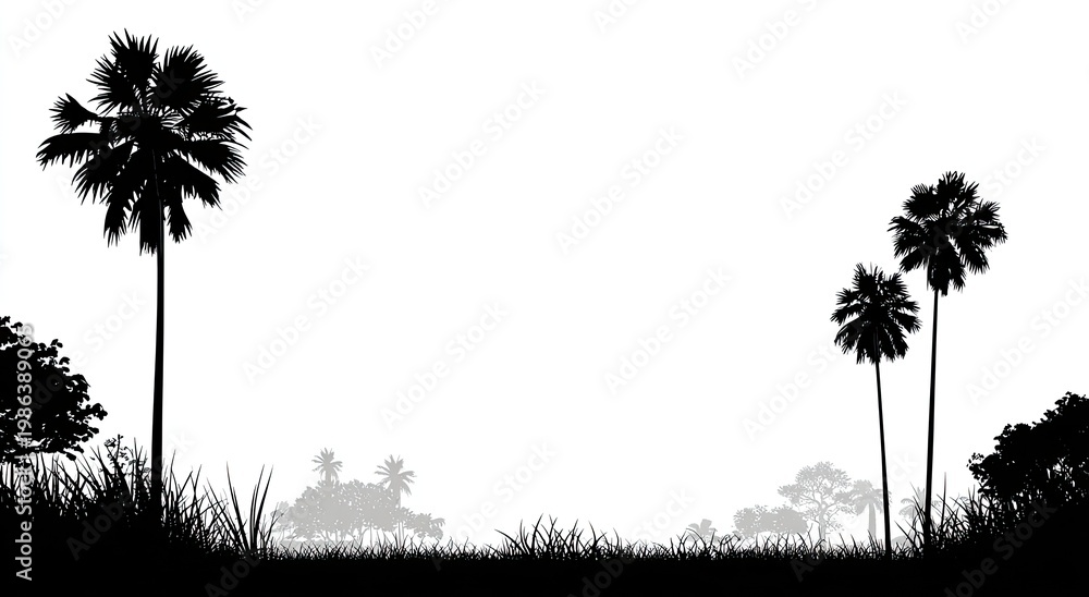 Obraz premium Silhouette of palm trees and other vegetation against a bright white sky (1)