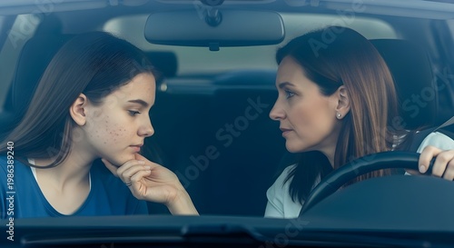 Mother comforting her teenage daughter in a car, offering support and understanding.