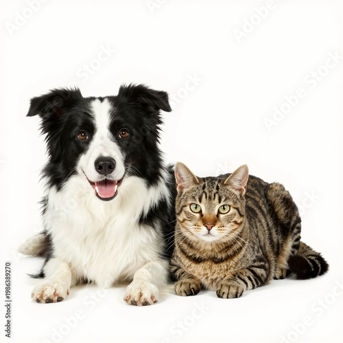 A dog and a cat are resting side by side on a white background. The dog looks happy while the cat gazes calmly. They are close together in a friendly pose and the setting is simple Generative AI