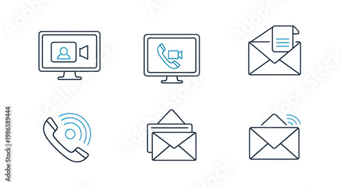 Set of blue linear communication icons for business contact and messaging