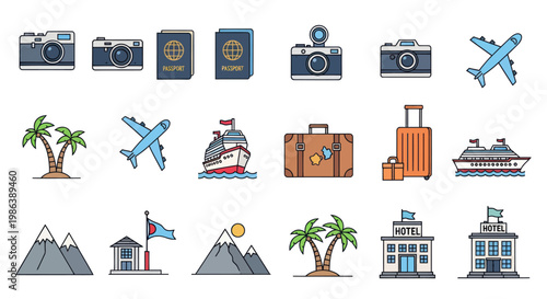 Vector collection of colorful travel and vacation icons in flat line style