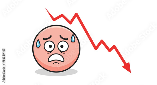 Worried emoji character with a falling stock market graph line representing financial loss