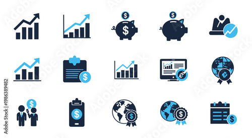 Collection of business and financial icons representing growth and investment