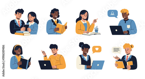 Collection of diverse people studying and working in a flat vector illustration style