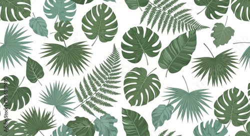 Seamless pattern with green tropical leaves on white background