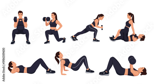 Set of people doing fitness workout routine with dumbbells