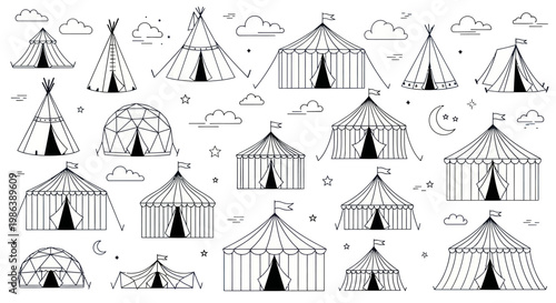 Set of black and white camping tent and circus marquee line art icons.