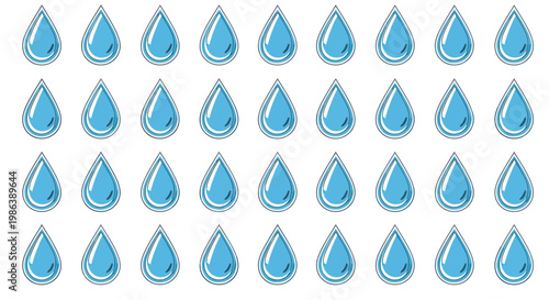 Seamless pattern of blue water drops illustration on a white background.