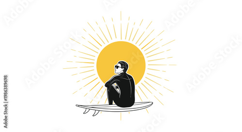 Surfer in wetsuit sitting on surfboard under sun