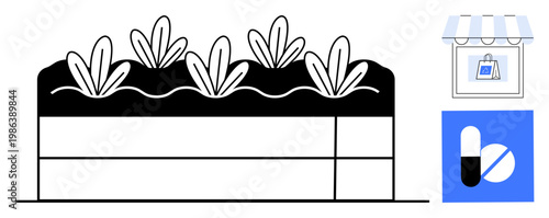 Sustainable agriculture, organic farming, e-commerce, pharmaceutical sales, sustainability, online healthcare. Growing crops and an online store icon with a medicine symbol. Sustainable agriculture