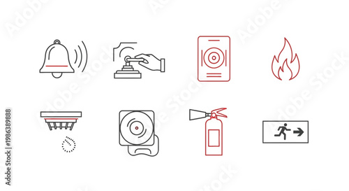 Set of Fire Safety and Emergency Equipment Line Icons