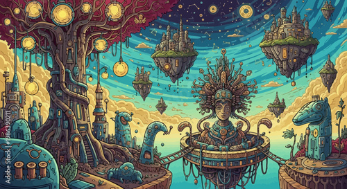 Surreal Fantasy Landscape with Floating Islands and Celestial Tree