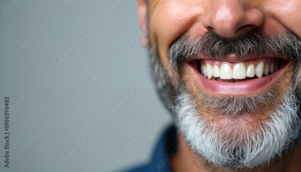 Fototapeta premium Mature man with beard smiles showing perfect white teeth. Healthy gums and dental implants give him natural confidence. Happy expression for his facial grooming.