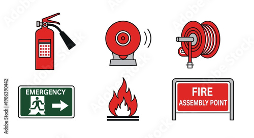 Fire Safety Equipment and Emergency Signage Icons Set