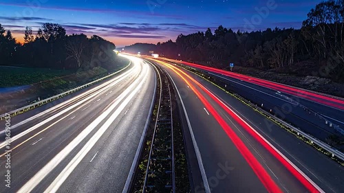 Long exposure shot of a highway with blurred vehicle lights at dusk and twilight time